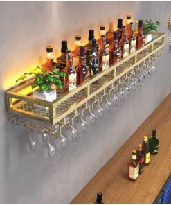 Étagères flottantes pour Bar Lumineux à LED avec Support à Verres à vin inversé - Supports à vin muraux multifonctionnels pour Bar à Domicile - Porte-Bouteilles en Fer et Support à