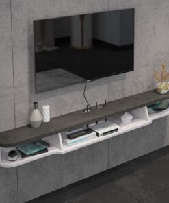 Meuble TV flottant à fixation murale avec tiroir - Console multimédia moderne pour salon, bureau - Grand banc de rangement - Gris blanc - 140 cm
