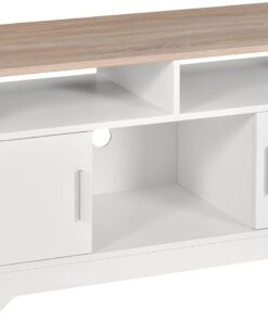 HOMCOM Meuble TV en Bois Grand Espace de Rangement 105 x 40 x 52 cm Blanc | Banc TV, 2 Compartiments Ouverts, 2 Armoires à Porte, Une Armoire Ouverte