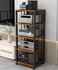 Meuble Hi-FI Moderne sur roulettes à 5 Niveaux pour platines vinyles, Consoles de Jeux et appareils électroniques - Noir/Teck - Idéal pour la Maison et Le Studio