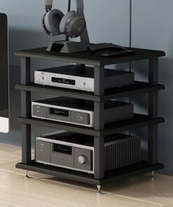 Meuble Hi Fi Ouvert, Meuble Rack Audio avec Clous Amortisseurs, Meuble Stéréo avec Cadre en Acier, Meuble de Rangement Vidéo, pour Composants Stéréo de Divertissement(Nero,4 tier 40x35x45CM