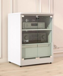 Meuble Hi FI avec Rangement, Meuble Stéréo avec Étagères Réglables, Meuble Rack Audio avec Portes en Verre, Bois Rack Audio Couvercle Rabattable(Wit,2-Tier)
