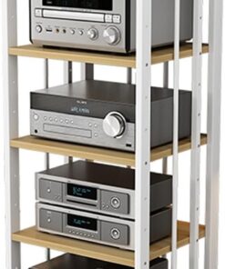 Meuble Hi FI À 5 Niveaux, Meuble Rack Audio avec Étagère Réglable en Hauteur, Rack Audio avec roulettes, Moderne Meuble Audio Vidéo, for Salon, Centre De Divertissement d'angle(White+Wood)