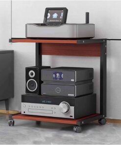 Meuble multimédia AV à 2 Niveaux, Meuble HiFi, Meuble stéréo, Tour Audio en Bois avec roulettes, étagère Audio-vidéo Moderne, Console de Jeux, étagère de Divertissement(Rot,50x40x65cm)
