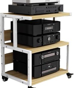 Rack Audio en Bois, Meuble Hi FI avec Étagère Réglable en Hauteur, Meuble Audio Vidéo Mobile, Meuble Stéréo Ouverte, Support De Tour Audio for Le Divertissement(White+Wood,3-Tier)