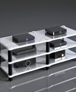 Meuble Rack Audio, Meuble Hi FI Moderne, Support Audio avec Clous Amortisseurs, Structure Stable, Meuble Stéréo Ouverte, Pieds en Acier, Étagère D'affichage(Wit,3 Tier 120x48x54CM)
