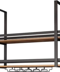 Porte-Bouteilles de vin en Bois, Support à vin monté au Plafond avec Supports à gobelets/Verres à Pied, étagère de Rangement Suspendue en métal pour Bar, Cuisine, Support de Pot de Fleurs (1