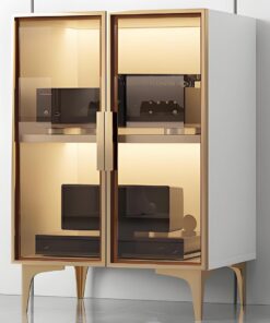 Armoire de Meuble Rack Audio à 2 Niveaux, Support multimédia au Sol Multicouche, Rack Audio, Meuble stéréo, Support for Tourne-Disque, Divertissement avec Portes en Verre, Support Audio(Wit)