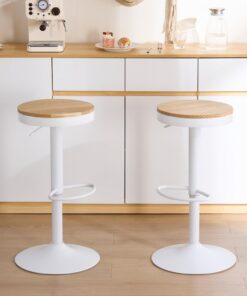 Kidol & Shellder Lot de 2 Tabourets de Bar Blanc, Bois Massif, Tabourets de Comptoir à Hauteur Réglable pour Comptoir de Cuisine, Bois Massif-Métal, Vintage Industriel Moderne