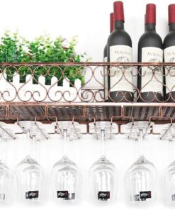 Porte-Bouteilles muraux Étagères flottantes murales Bar de Cuisine Support de Rangement pour Bouteilles de vin Porte-Organisateur pour Verres à vin muraux, Bronze Vintage (Taille: