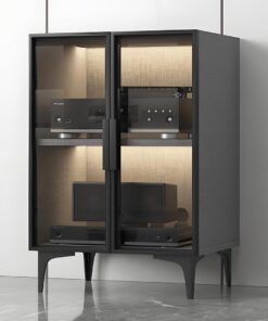 Armoire de Meuble Rack Audio à 2 Niveaux, Support multimédia au Sol Multicouche, Rack Audio, Meuble stéréo, Support for Tourne-Disque, Divertissement avec Portes en Verre, Support Audio(Gray)