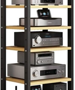 Meuble Hi FI À 6 Niveaux, Rack Audio avec Étagères Réglables, Meuble Rack Audio Mobile, Meuble Stéréo Ouverte, Meuble Audio Vidéo, Support De Rangement for Le Bureau À Domicile(Black+Wood)