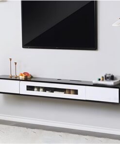 Armoire murale moderne avec tiroirs et porte en verre - Meuble flottant pour salon, chambre à coucher ou salle multimédia - Console multimédia - Blanc et noir - 120 cm