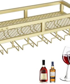 Casier à vin Mural en métal Moderne avec Support pour Verres à Pied - Doré, Porte-Bouteille en Fer Multifonctionnel pour Bar à Domicile, Salle à Manger, Cuisine.
