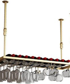 Casier à vin Industriel à Hauteur réglable avec étagère en Verre à Pied, Support de Bouteille de vin Suspendu au Plafond pour Bar, café, Cuisine, Finition dorée (120 x 30 cm)