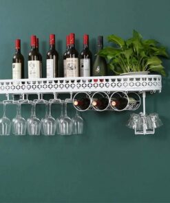 Casier à vin Mural Blanc avec Support à Verres à vin inversé en Cristal et Support à gobelets Design de Garde-Corps Porte-Bouteille en Fer Étagère à vin pour Bar, Cave à vin, resta
