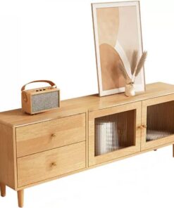 Meuble TV, Banc TV en Bois Massif, Table TV, Console Multimédia avec Tiroirs et Portes, pour Salon Ou Chambre À Coucher(Original Wood,1.2m/47.2in)