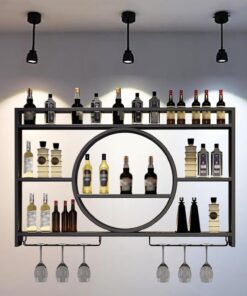 Porte-Bouteilles de vin en métal, Support Mural pour Bar, Armoire, Support Mural et Porte-Verres, étagères Noires pour Petit-déjeuner, pour Bouteilles d'alcool (Dimensions : 120 x 15 x 80 cm