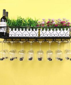 Casier à vin Mural en métal Vintage pour Verres à Champagne et étagères de Rangement pour Bar de Cuisine (Noir 60 × 25 cm)