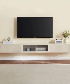 Meuble TV Suspendu Meuble TV flottant moderne avec 2 tiroirs, étagère ouverte et porte, centre de divertissement mural en bois for téléviseurs, console TV robuste for décoration de salon et de chambre