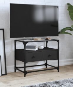 ZXLIHS Meuble TV avec Plateau en Verre, Cadre en métal 2 tiroirs, Meuble TV Noir, Meuble TV, Table d'appoint pour Salon, Meuble de Rangement, Bois d'ingénierie, 60x35x51 cm
