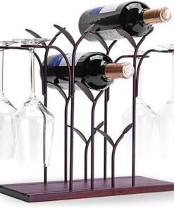 Casier à vin en métal Porte-Bouteille de vin avec Porte-Verres Présentoir de Stockage de vin de 4 Bouteilles Base en Bois antidérapante autoportante pour Cuisine, Cave à vin, Bar