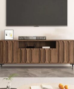 Meuble TV en Bois Massif, Banc TV, Console Multimédia, Centre de Divertissement avec Casiers et Espace de Rangement Ouvert, Support de Télévision pour Salon, Chambre, Bureau(140cm/55.1in)
