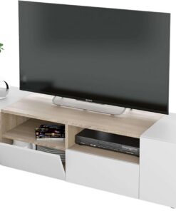 Habitdesign Modèle Tamiko Module TV Meuble de salon Finition blanche « Artik » et chêne canadien, dimensions : 138 x 42 x 36 cm (l x P x H).