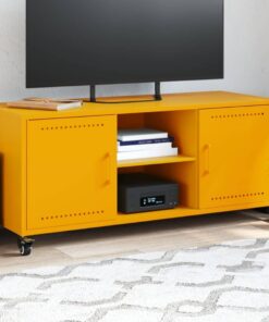 ZXLIHS Meuble TV avec éères de Rangement, Meuble TV en Acier avec roulettes, 2 Portes 2 éères, Console multimédia, Meuble TV pour Salon, Jaune Moutarde, 100,5 x 39 x 43,5 cm