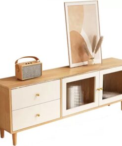 Meuble TV, Banc TV en Bois Massif, Table TV, Console Multimédia avec Tiroirs et Portes, pour Salon Ou Chambre À Coucher(Original Wood+White,1.2m/47.2in)