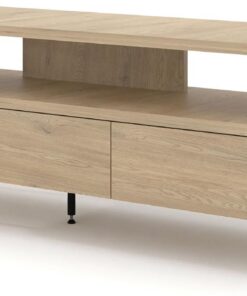 ZXLIHS Meuble TV pour TV 75", 150 cm, 3 tiroirs, 1 éère Ouverte, Bouton d'ouverture, Meuble TV avec Espace de Rangement, Pieds en métal, Meuble Bas pour Salon, chêne de Crémone Libellule