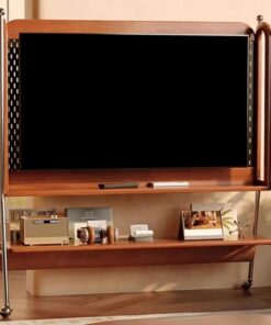 Support TV À roulettes, Support TV sur Pied Mobile, Chariot TV avec Étagère Multimédia AV, Chariot Réglable en Hauteur, Meuble TV avec Trou pour Câble, Métal et Bois