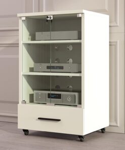 Armoire stéréo en bois, support audio, armoire de rangement pour composants stéréo avec roulettes, armoire AV avec portes en verre, boîte de câble pour console DVD, blanc, 2 couches