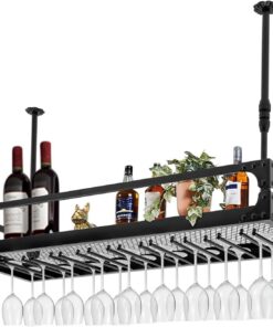 Casier à Verres à vin au Plafond, Porte-Bouteille de vin en Fer Suspendu, Armoire à vin Suspendue réglable en Hauteur de 20 à 39 Pouces, étagère à vin Noire Parfaite pour Bar et cuisine/100