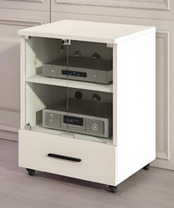 Meuble HiFi, Meuble Rack Audio avec roulettes verrouillables, avec porte en verre trempé, étagères de rangement multimédia, étagères for support multimédia audio/vidéo avec hauteur réglable(Mil