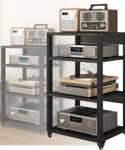Support Audio, Support multimédia, Support multimédia à 4 Niveaux, Armoire pour Composants Audio/vidéo, Support stéréo, Tour de Son, Support en Bois réglable en Hauteur pour la Maison/Le bur