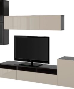 ProTuning BESTÅ Combinaison de rangement pour téléviseur/portes en verre, noir-marron/Selsviken verre fumé brillant/beige, 300 x 42 x 211 cm