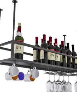Présentoir à vin, Support à vin de Plafond et Support à Bouteilles de vin/Supports à Verres à Pied à Champagne Suspendus/étagère de Rangement en Fer forgé pour Bar/étagères flottan