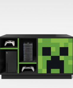 Minecraft Meuble TV avec éclairage LED – Lowboard Gamer avec Porte vitrée Creeper, 3 étagères Ouvertes, 1 Niche Console et Passe-câbles – 108x61x37cm, Noir