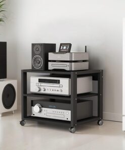 Support multimédia audio-vidéo moderne avec roulettes avec étagères réglables en hauteur, armoire de rangement multimédia pour composants stéréo de divertissement pour jeux, salle d'enregist