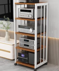 Meuble TV Moderne à 5 Niveaux sur roulettes, avec étagère pour Platine Vinyle et Consoles de Jeux, Design élégant Blanc et Teck.