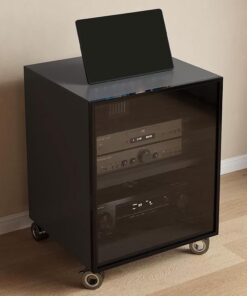 Meuble Rack Audio Hi FI, Meuble Stéréo Mobile, Meuble Hi FI avec Porte Vitrée, Support Audio avec Trous pour Câbles, Support TV avec Étagères Réglables(Gray,2 Tier 55x45x60CM)