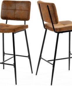 Meuble Cosy Lot de 2 Tabouret de Bar Industriel avec Dossier et Repose-Pieds, Siège Rembourrés de 75 cm de Haut, Chaises Hautes en Suédine Cadre en métal, Marron