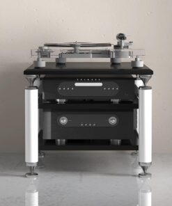 Meuble Hi FI, Meuble Audio Vidéo Rangement multimédia, Meuble stéréo à espacement réglable, Meuble Rack Audio DVD Portable Multicouche, Rack Audio Antichoc au Sol,(Black+White,24.2x22)