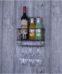 Étagère Murale rétro en métal avec Porte-Verre, Porte-Bouteilles de vin, 3 Bouteilles et 3 Verres, pour Armoire de Cuisine de Bar, Organiseur 25 × 10 × 16,5 cm