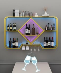 Casier à vin Mural avec lumière LED - Étagères flottantes Multifonctions en Fer pour Bar à Domicile, Salle à Manger - Présentoir pour Bouteilles et Verres