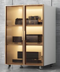Rack Audio, Meuble Rack Audio, étagère de Meuble stéréo au Sol, avec Portes en Verre et Roue de Frein, Centre de Divertissement d'angle, for Salon, Bureau/DJ/théâtre(Wit,21.2"x20.4"x40.1")