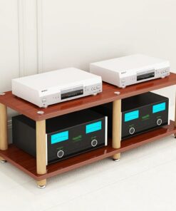 Meuble Hi FI, Meuble Audio Vidéo en Bois Massif, avec Pieds antidérapants, Meuble stéréo à Double Position, Meuble Rack Audio for Lecteur CD et composant stéréo(Walnut Color,47.2x18.1)