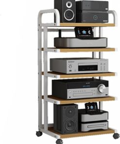 Support Audio à 5 Niveaux, Support multimédia AV en Bois Robuste/Support Hi-FI AudioTower avec Roues pour Voix/Lecteur de disques/récepteur stéréo, étagère pour équipement électronique