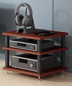Meuble Hi Fi Ouvert, Meuble Rack Audio avec Clous Amortisseurs, Meuble Stéréo avec Cadre en Acier, Meuble de Rangement Vidéo, pour Composants Stéréo de Divertissement(Brown,3 tier 40x35x33C